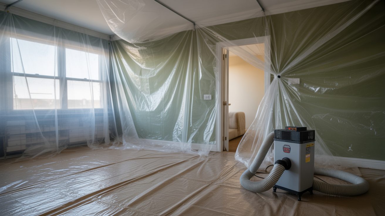 Containment sheeting and an air scrubber staged for a mold job in Charlotte