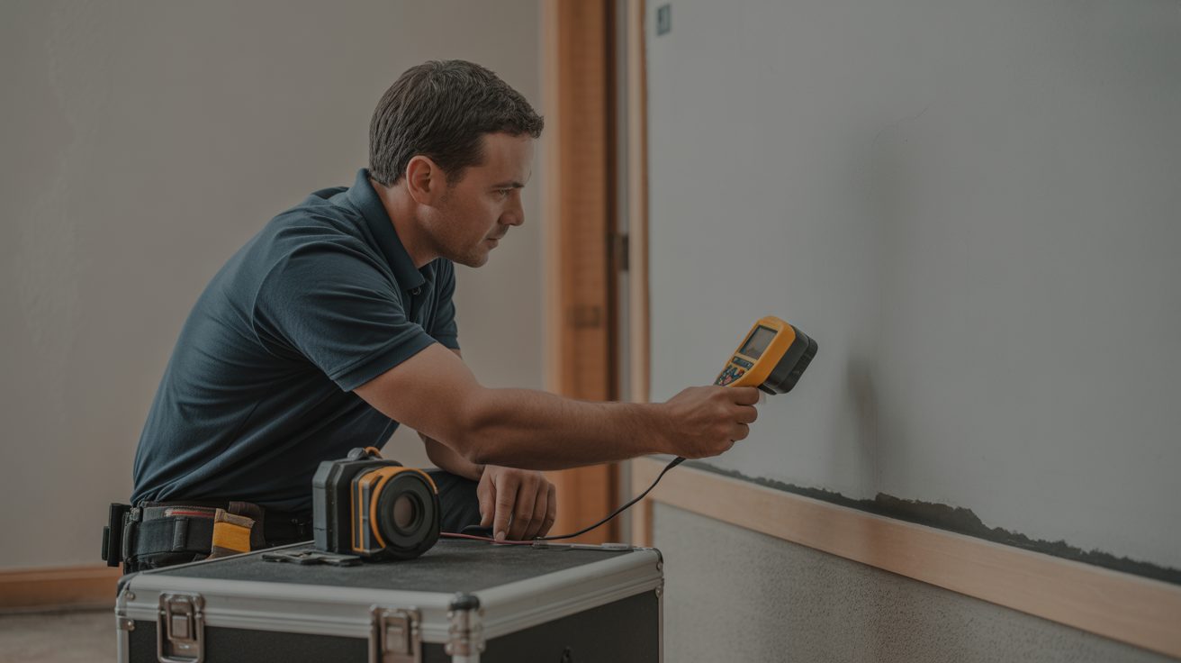 Technician taking a moisture-meter reading on a wall in Charlotte