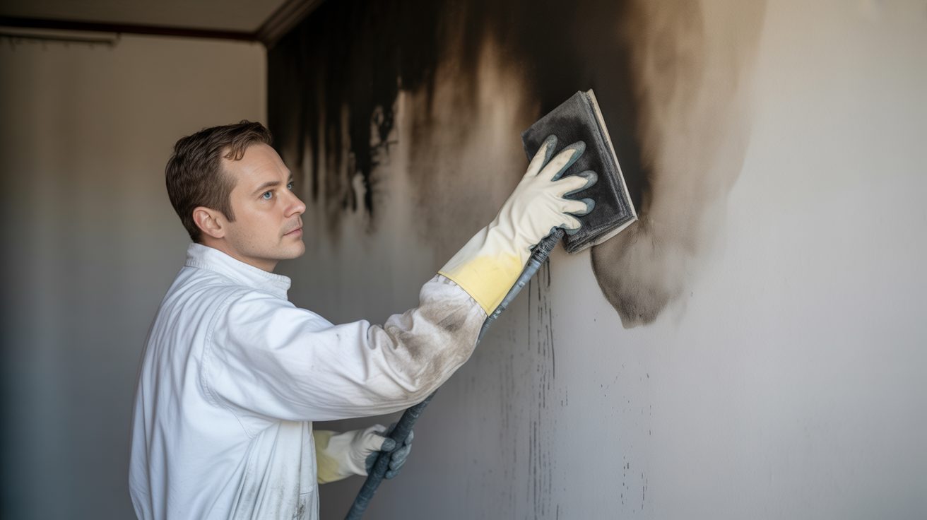Técnico limpiando hollín de una pared con esponja seca en Charlotte